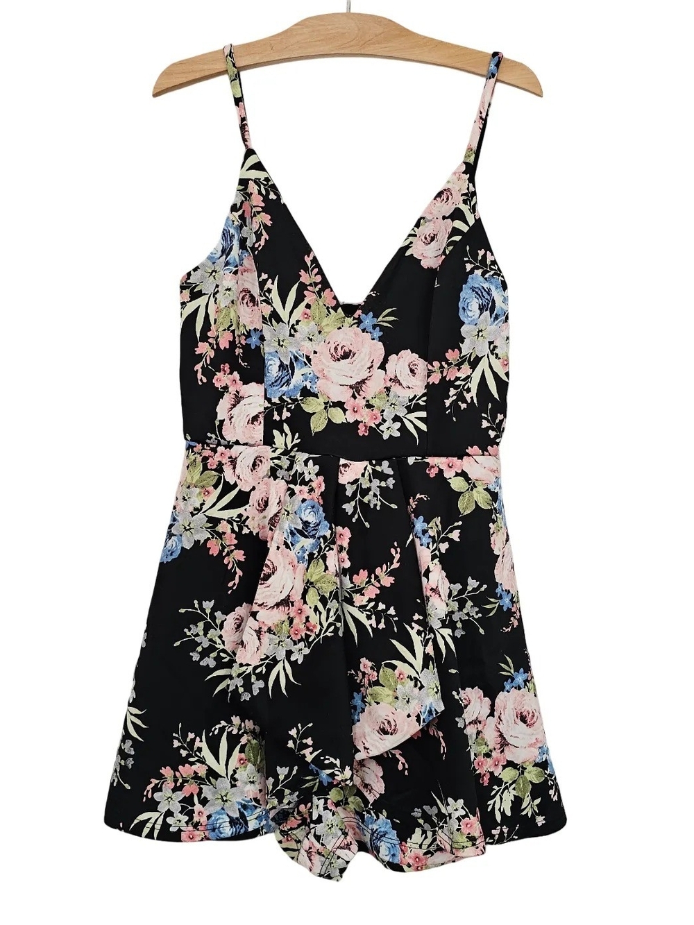 privy Black Floral V-Neck Chemise with Pink & Blue Roses